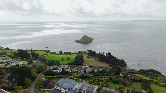 Aerial view of Thatcher Rock, Historical landmark in the United Kingdom. Thatcher Rock is a key sites for studies of Quaternary stratigraphy and sea-level change and forms part of the English Riviera.