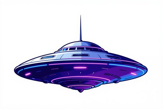 Retro style flying saucer with glowing neon lights. This unidentified object is alien tech from outer space, hovering in the sky. Futuristic transport.