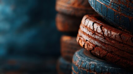 Naklejka premium An artistic close-up of a stack of old, worn tires with rough textures, symbolizing the need for recycling and environmental awareness in our modern world.