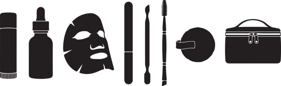 Makeup, beauty, skincare, vector icons, 8 elements, black silhouettes