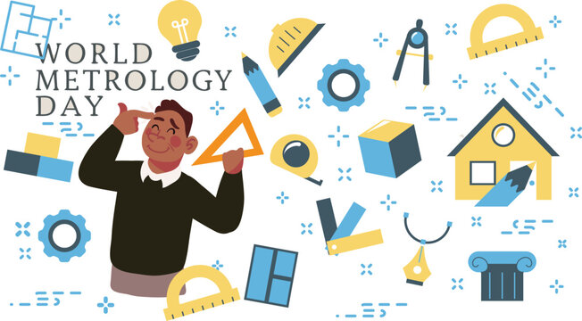 Vector illustration of a businessman raising arms in celebration surrounded by measurement and real estate icons on a light background.