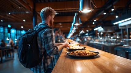 Obraz premium A young man with a backpack stands at a buffet table, thoughtfully selecting his meal, capturing a moment of choice and enjoyment in a vibrant dining atmosphere.