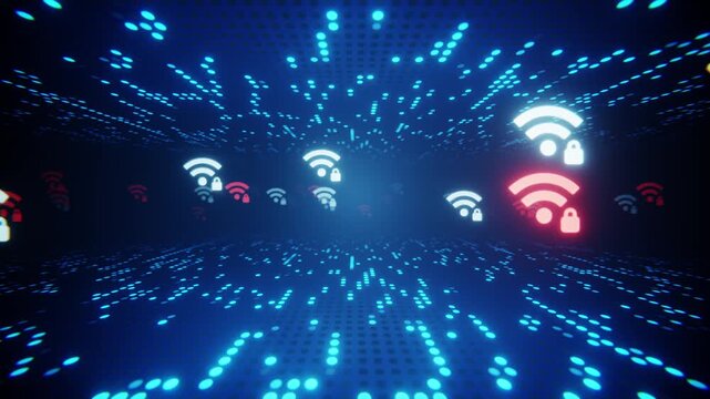 Glowing wifi icons representing secure and insecure networks floating inside a digital data tunnel. Seamless loop.