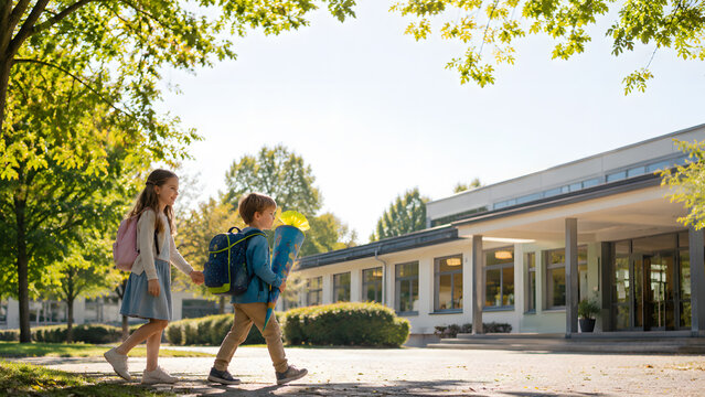 Older sister gently holding the hand of her little brother on his first day of school. He carries a Schult&Atilde;&frac14;te and a small backpack walking towards a German primary school in soft autumn light.