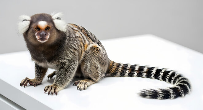 Common marmoset monkey sitting on a white surface