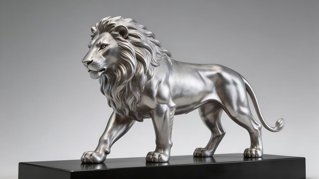Silver lion statue on black base ideal for sleek commercial backgrounds and title sequences