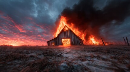 Fototapeta premium A striking image of a barn engulfed in flames, set against a darkening sky at twilight, capturing the intensity of the fire and the beauty of the moment.