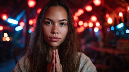 Fototapeta premium This image captures a serene woman in a prayerful pose, surrounded by soft warm lights, evoking feelings of tranquility and inner peace in a cozy atmosphere.