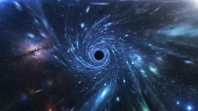 Cosmic black hole vortex illustration with spiraling energy and glowing nebulas in a deep space universe