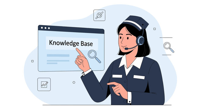Support Agent Points to Knowledge Base Screen, Online Information Resource