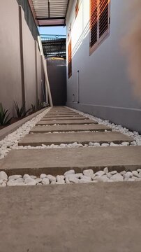 Cute ginger and white cat walking along narrow outdoor pathway with concrete stepping stones and white decorative pebbles leading to a bright, sunlit area between buildings.