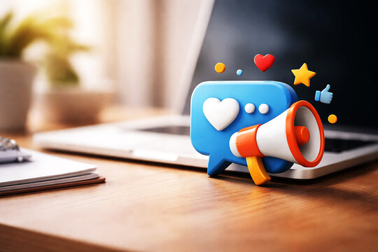Blue speech bubble with heart and megaphone on wooden desk with laptop white heart