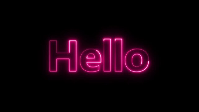 Bright pink neon hello text glowing and pulsing on black background, motion graphic.