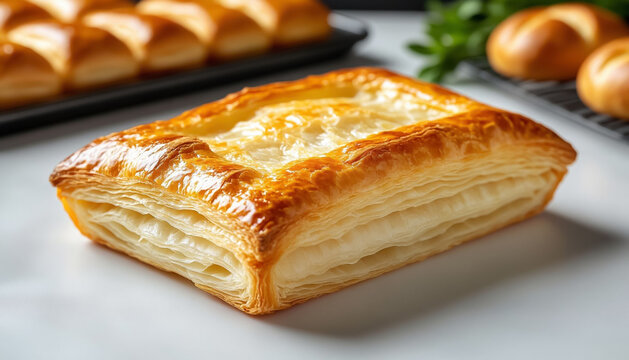 Golden puff pastry bun on white table &ndash; flaky homemade roll top view