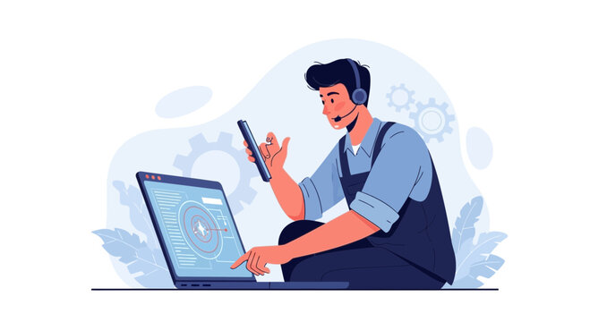 Tech Support Guy with Laptop and Phone, Customer Service Concept
