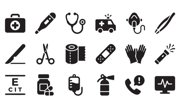 Black medical icons set including first aid kit and ambulance Vector, illustration