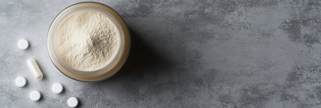 Mockup of jar with creatine powder on a gray surface Generative AI