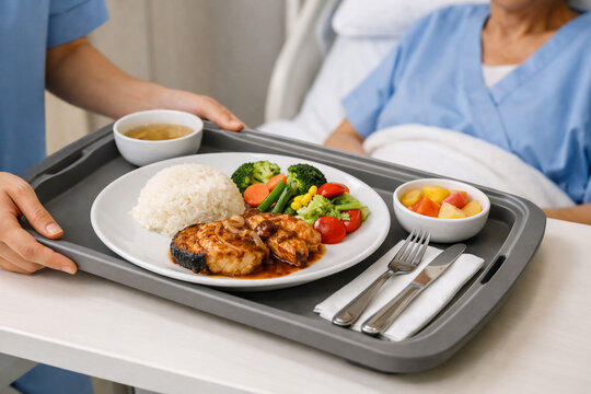 Hospital meal tray with balanced food served to patient in bed