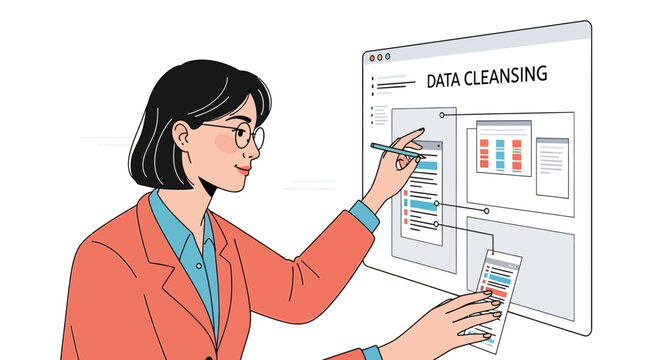 Woman Cleansing Data on Digital Screen