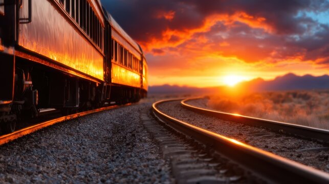 A stunning sunset reflects off a vintage train as it travels along a winding track, invoking a sense of nostalgia and adventure in the beauty of nature.