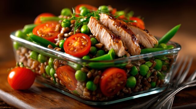 A colorful and nutritious salad bowl with grilled chicken, fresh vegetables, and grains, promoting a healthy lifestyle and vibrant eating habits.