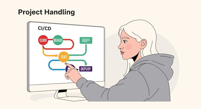 Woman Interacting with CI/CD Software Development Workflow on Computer Screen