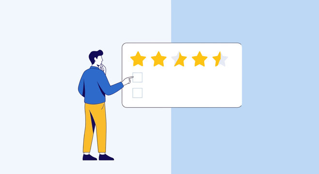 Customer gives 4-star rating on review card, flat design illustration