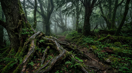 Fototapeta premium Ancient Forest Roots Twisting Through Mystical Woodland Path