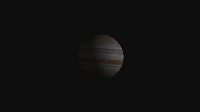 Animated Jupiter in dark void space showing stripes and clouds during cosmic journey.