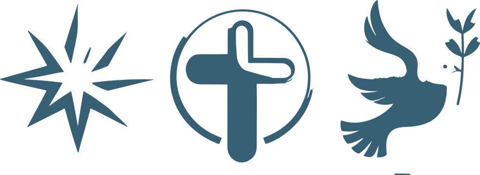 Glowing christian cross dove and olive branch in metallic blue sacred 3d cinematic 4k