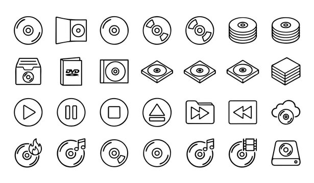 Digital Media and Optical Disc Icon Set: Minimalist Vector Illustrations of CD, DVD, Blu-ray Discs, and Multimedia Storage Case Symbols
