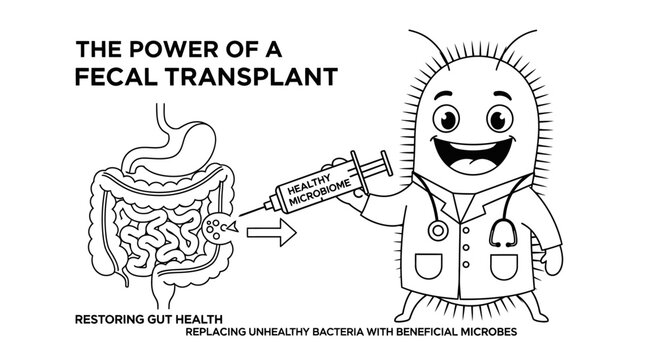 Fecal transplant medical concept illustration with cute bacteria doctor character
