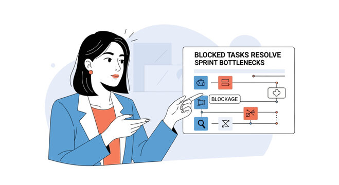 Woman pointing at flowchart of blocked tasks and sprint bottlenecks resolution