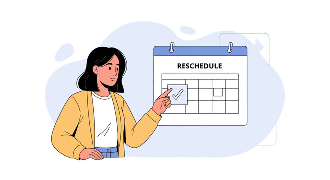 Woman pointing to calendar with reschedule checklist and checkmark