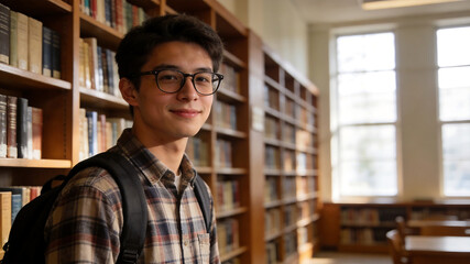 Fototapeta premium Young man in library with bookshelves highlighting everyday moments and community bonds