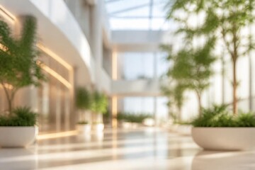 Fototapeta premium Blurred Modern Office Lobby Interior Background With Soft Light and Copy Space