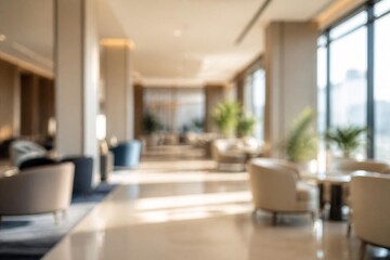 Fototapeta premium Blurred Modern Office Lobby Interior Background With Soft Light and Copy Space