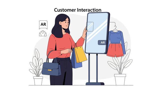 Woman using augmented reality mirror for virtual clothing try-on in store