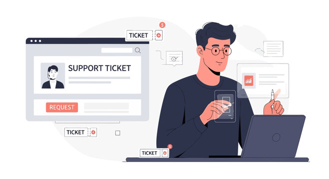 Customer Support Agent Interacting with Digital Ticket System