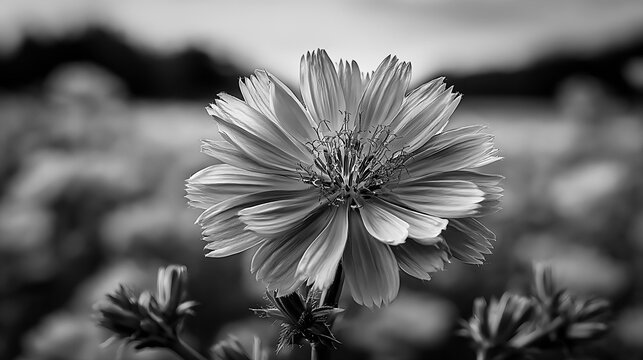 Close up of a wild chicory flower in a summer field black and white