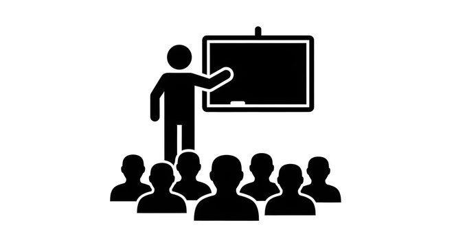 Teacher presenting to a classroom of students black silhouette icon educational illustration learning concept vector graphic
