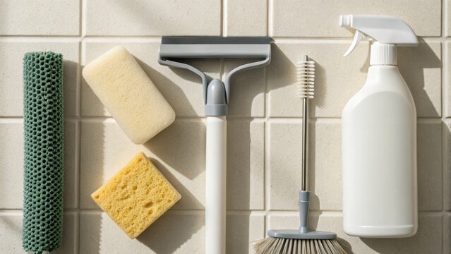 Cleaning tools including sponges, a brush, a squeegee, and a spray bottle arranged on tiled surface.