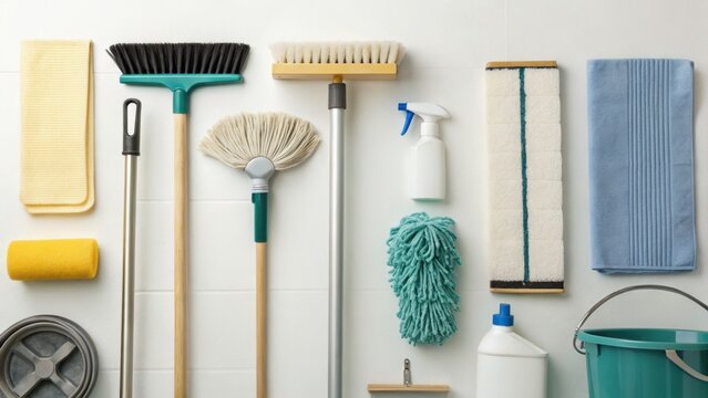 Various cleaning tools and supplies including mops, brushes, spray bottle, bucket, and cloths arranged neatly on a light background.