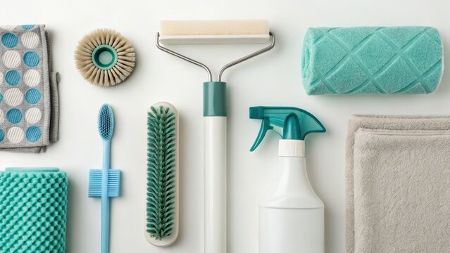 Cleaning supplies and tools including sponges, brushes, spray bottle, and cloths arranged neatly on a white surface.