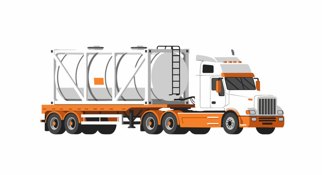 White and Orange Semi-Truck Illustration with ISO Tank Container on Trailer for Industrial Logistics, Transportation, and Cargo Delivery - Vector Graphic Isolated on White