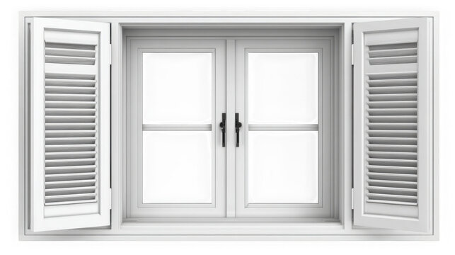 White aluminum louver window with open shutters