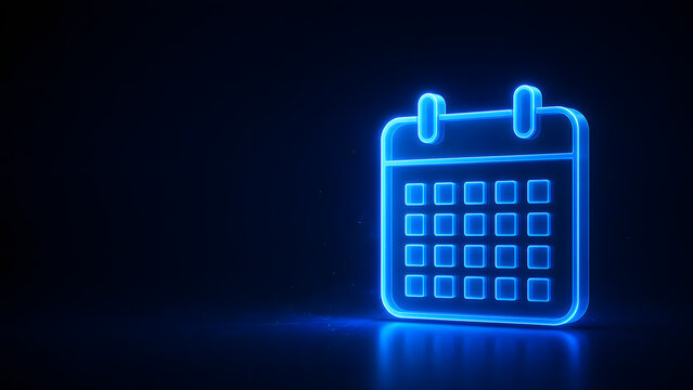 Neon Blue 3D Calendar Icon on Dark Business Technology Background