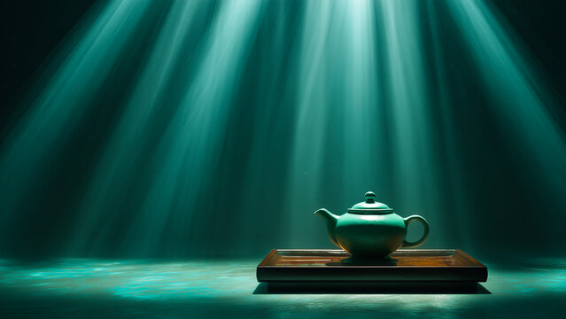 Tranquil Tea Ceremony: A serene teal teapot, placed on a wooden tray, is illuminated by ethereal light, capturing the essence of calm and tradition.