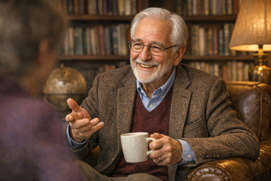 An elderly man in glasses sitting on a couch with a smile on his face, holding a cup of coffee while engaged in conversation.