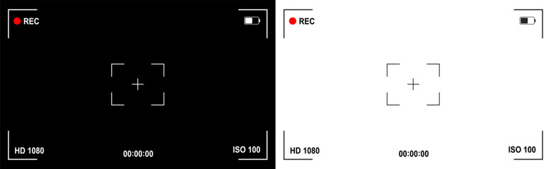 Naklejka premium Photo or video camera viewfinder display screen frame, camera interface overlay shows information indicators, dark and light mode recording - vector